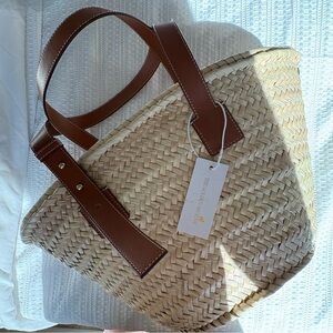 NWT Woven Straw Tote Bag with Brown Leather Handles